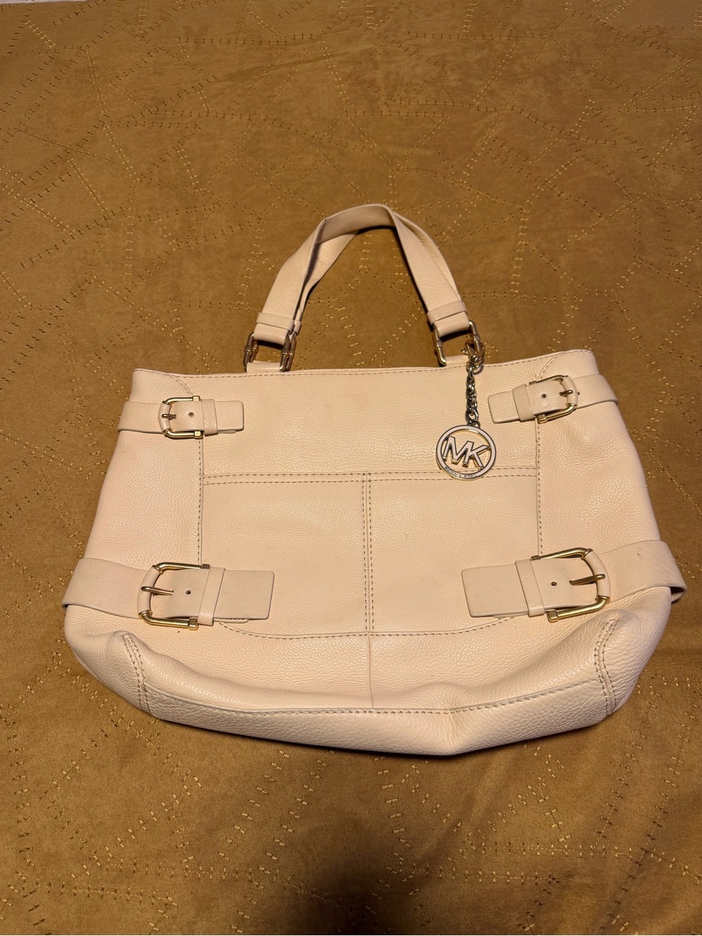Vintage Michael Kors Cream Pebbled Leather Shoulder Tote with MK Charm